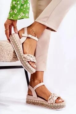 Boto Sandały Na Koturnie*Damskie Plecione Sandały Na Koturnie Beżowe Chaves