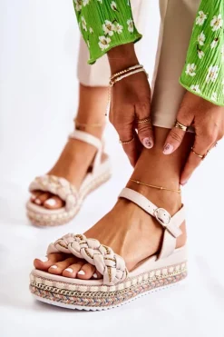 Boto Sandały Na Koturnie*Damskie Plecione Sandały Na Koturnie Beżowe Chaves