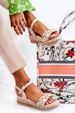 Boto Sandały Na Koturnie*Damskie Plecione Sandały Na Koturnie Beżowe Chaves