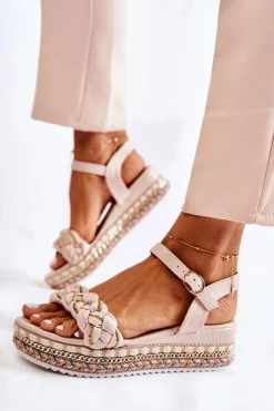 Boto Sandały Na Koturnie*Damskie Plecione Sandały Na Koturnie Beżowe Chaves