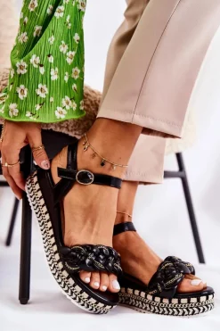 Clearance Boto Damskie Plecione Sandały Na Koturnie Czarne Chaves