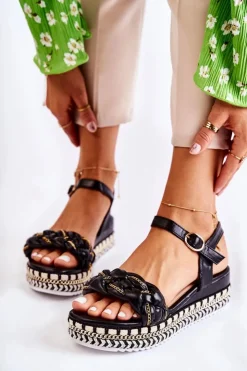 Clearance Boto Damskie Plecione Sandały Na Koturnie Czarne Chaves