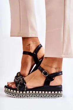 Clearance Boto Damskie Plecione Sandały Na Koturnie Czarne Chaves