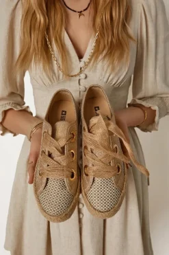 Damskie Big Star Shoes Damskie Plecione Tenisówki Big Star JJ274392 Beżowo-Złote