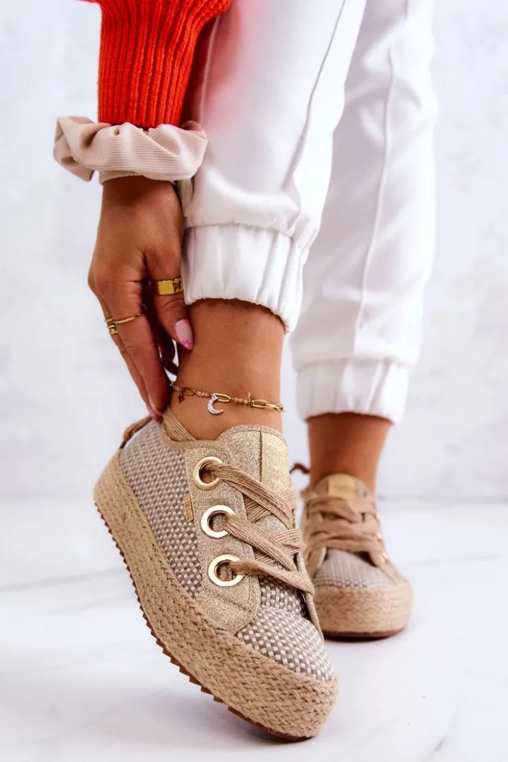 Damskie Big Star Shoes Damskie Plecione Tenisówki Big Star JJ274392 Beżowo-Złote