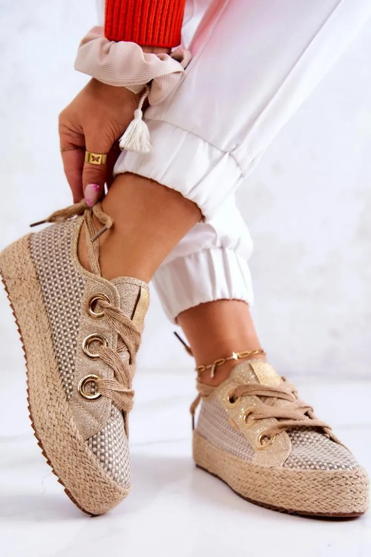 Damskie Big Star Shoes Damskie Plecione Tenisówki Big Star JJ274392 Beżowo-Złote