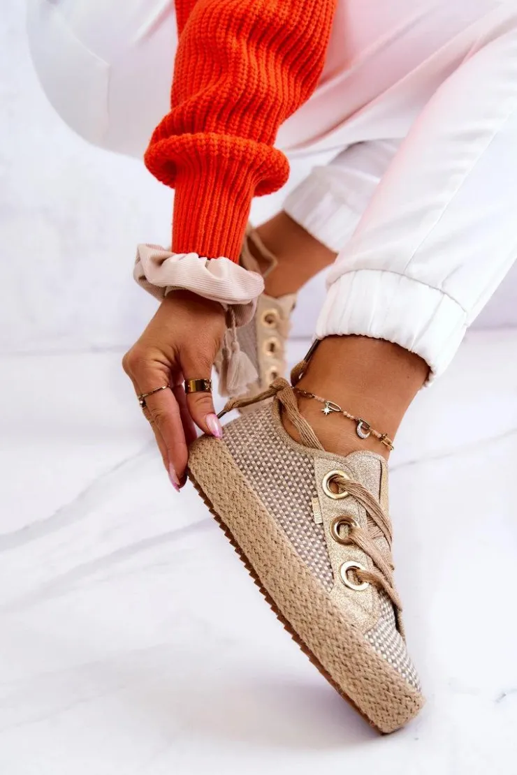 Damskie Big Star Shoes Damskie Plecione Tenisówki Big Star JJ274392 Beżowo-Złote