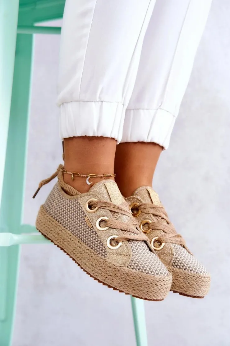 Damskie Big Star Shoes Damskie Plecione Tenisówki Big Star JJ274392 Beżowo-Złote