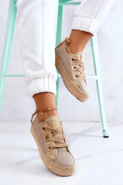 Damskie Big Star Shoes Damskie Plecione Tenisówki Big Star JJ274392 Beżowo-Złote