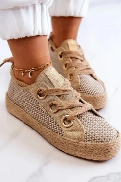 Damskie Big Star Shoes Damskie Plecione Tenisówki Big Star JJ274392 Beżowo-Złote