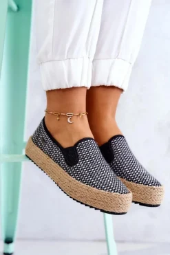 Online Big Star Shoes Damskie Plecione Tenisówki Slip On Big Star JJ274395 Czarne