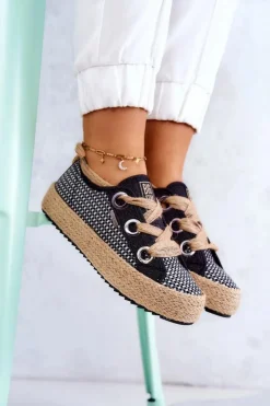 Big Star Shoes Trampki Damskie Big Star|Trampki Damskie Niskie*Damskie Plecione Tenisówki Big Star JJ274393 Czarne