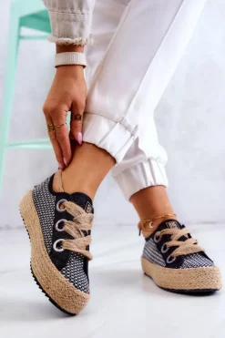 Big Star Shoes Trampki Damskie Big Star|Trampki Damskie Niskie*Damskie Plecione Tenisówki Big Star JJ274393 Czarne