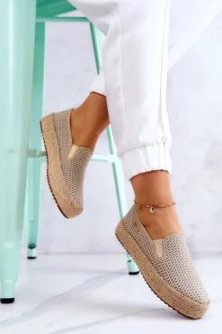 Big Star Shoes Trampki Damskie Slip-On|Trampki Damskie Big Star*Damskie Plecione Tenisówki Slip On Big Star JJ274394 Beżowe