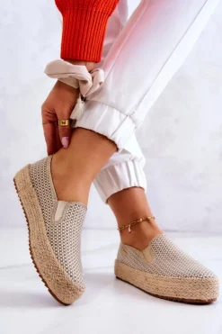 Big Star Shoes Trampki Damskie Slip-On|Trampki Damskie Big Star*Damskie Plecione Tenisówki Slip On Big Star JJ274394 Beżowe