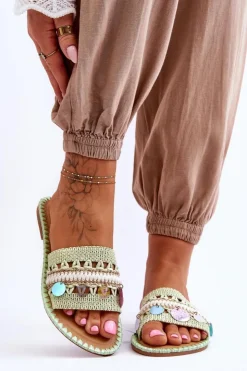 Clearance Boto Damskie Plecione Zdobione Klapki Zielone Millano