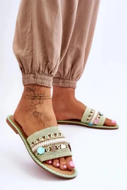 Clearance Boto Damskie Plecione Zdobione Klapki Zielone Millano