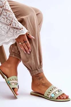 Clearance Boto Damskie Plecione Zdobione Klapki Zielone Millano