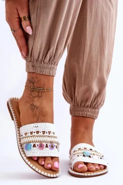 Damskie Boto Damskie Plecione Zdobione Klapki Białe Millano