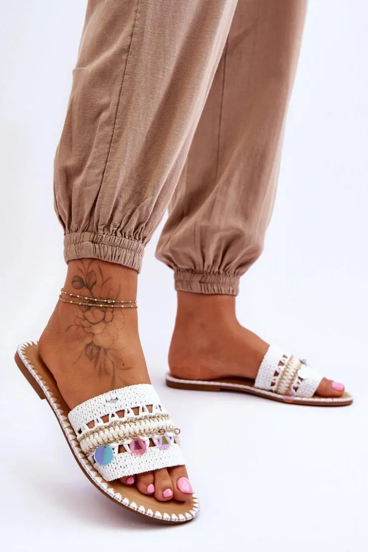 Damskie Boto Damskie Plecione Zdobione Klapki Białe Millano