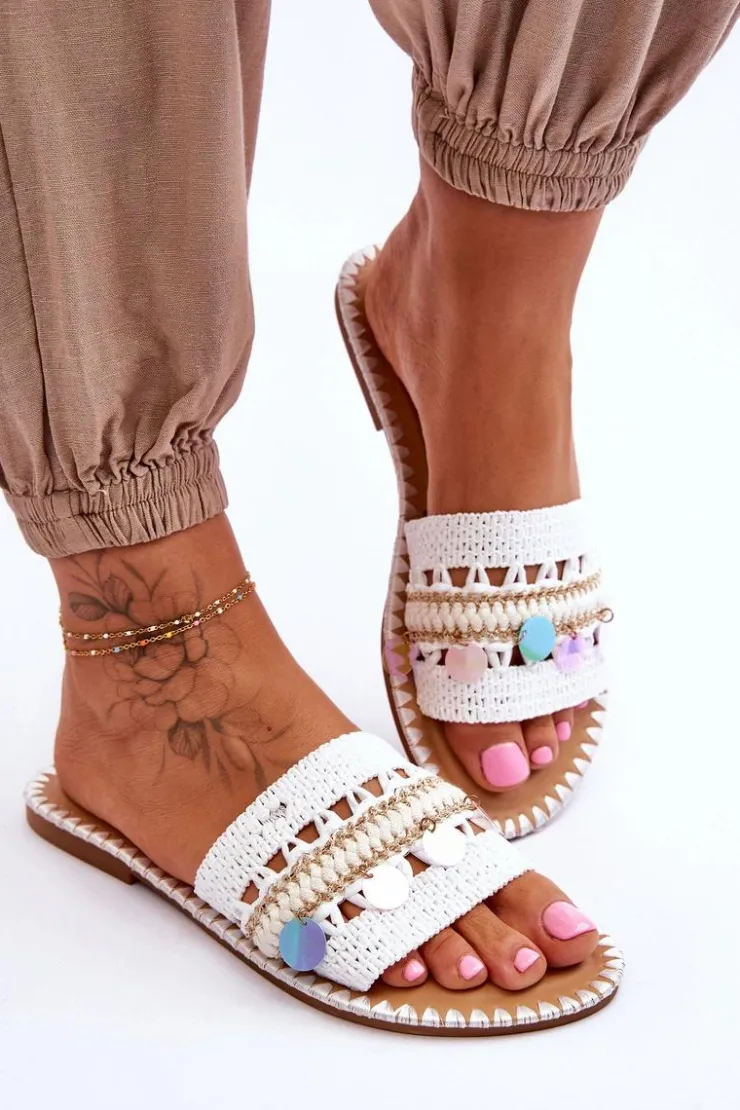 Damskie Boto Damskie Plecione Zdobione Klapki Białe Millano