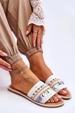 Damskie Boto Damskie Plecione Zdobione Klapki Białe Millano