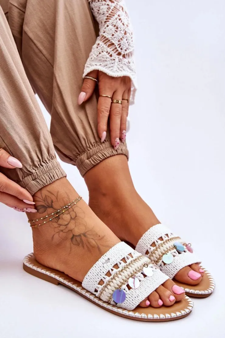 Damskie Boto Damskie Plecione Zdobione Klapki Białe Millano