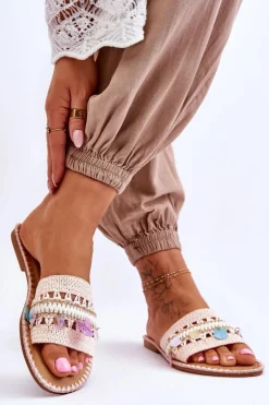 Boto Klapki Damskie Klasyczne*Damskie Plecione Zdobione Klapki Różowe Millano