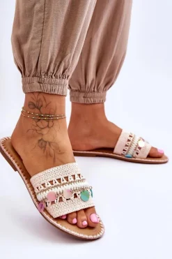 Boto Klapki Damskie Klasyczne*Damskie Plecione Zdobione Klapki Różowe Millano