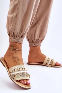 Boto Klapki Damskie Klasyczne*Damskie Plecione Zdobione Klapki Beżowe Millano