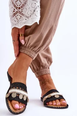 Clearance Boto Damskie Plecione Zdobione Klapki Czarne Millano