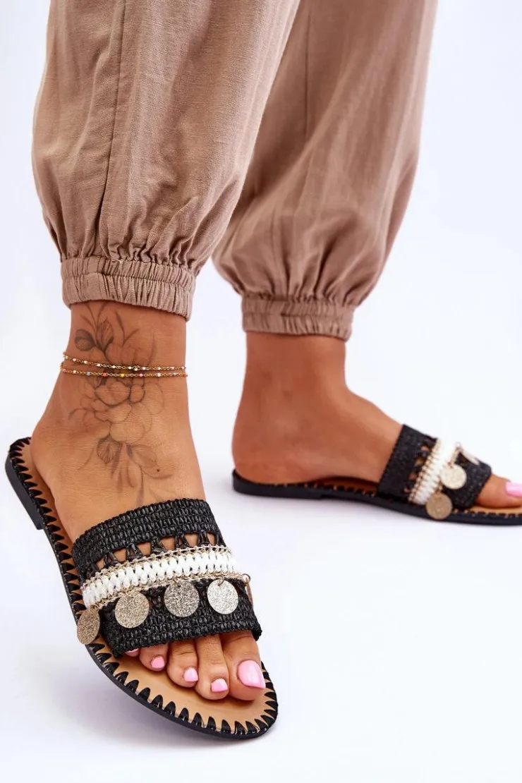 Clearance Boto Damskie Plecione Zdobione Klapki Czarne Millano