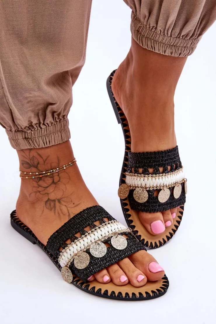 Clearance Boto Damskie Plecione Zdobione Klapki Czarne Millano