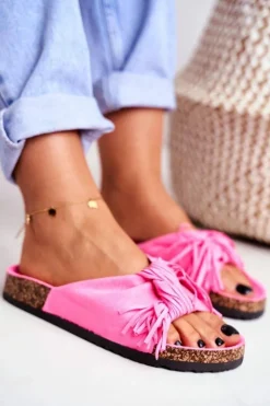 New Boto Damskie Różowe Fluo Klapki Na Korku Frędzle Marina