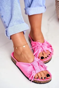 New Boto Damskie Różowe Fluo Klapki Na Korku Frędzle Marina