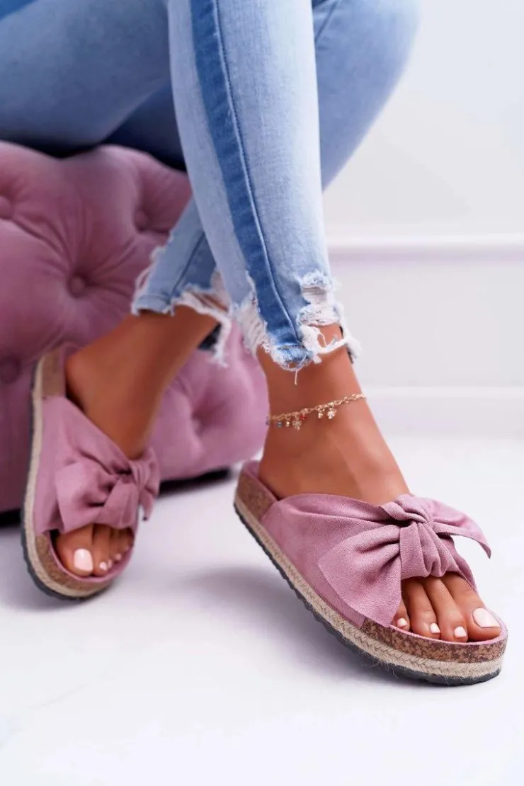 Outlet Boto Damskie Różowe Klapki Na Korku Kwiaty Kokarda Misto