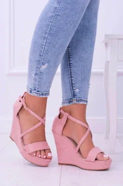 Boto Sandały Na Koturnie*Damskie Różowe Zamszowe Sandały Na Koturnie Eline