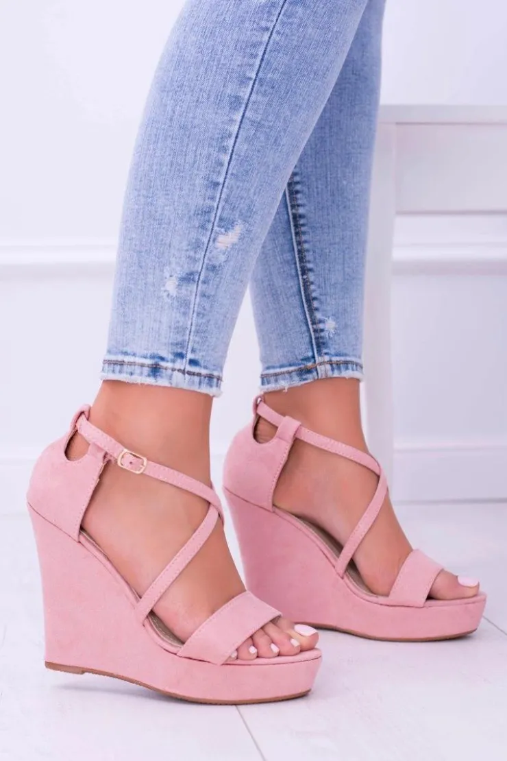 Boto Sandały Na Koturnie*Damskie Różowe Zamszowe Sandały Na Koturnie Eline