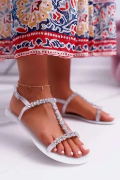 Boto Sandały Gumowe|Sandały Płaskie*Damskie Sandałki Białe Kryształki Cadama