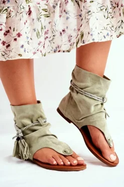 Boto Sandały Płaskie*Damskie Sandałki Japonki Z Cholewką Zielone SL1011 Madrit