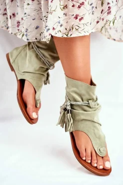 Boto Sandały Płaskie*Damskie Sandałki Japonki Z Cholewką Zielone SL1011 Madrit