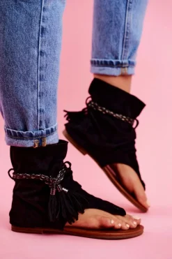 Boto Sandały Płaskie*Damskie Sandałki Japonki Z Cholewką Czarne SL1011 Madrit