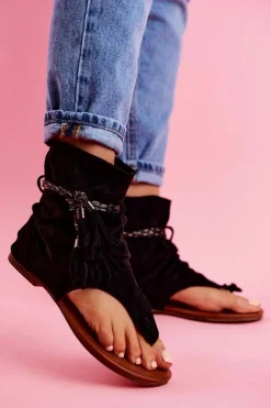 Boto Sandały Płaskie*Damskie Sandałki Japonki Z Cholewką Czarne SL1011 Madrit