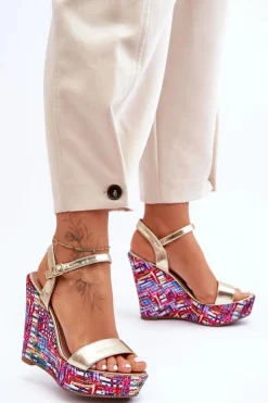 Hot Boto Damskie Sandałki Na Kolorowym Koturnie Złote Malibu