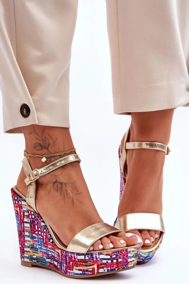 Hot Boto Damskie Sandałki Na Kolorowym Koturnie Złote Malibu