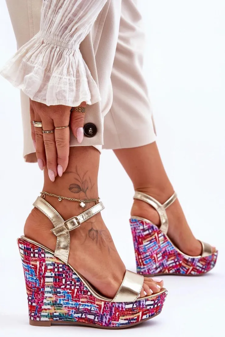 Hot Boto Damskie Sandałki Na Kolorowym Koturnie Złote Malibu