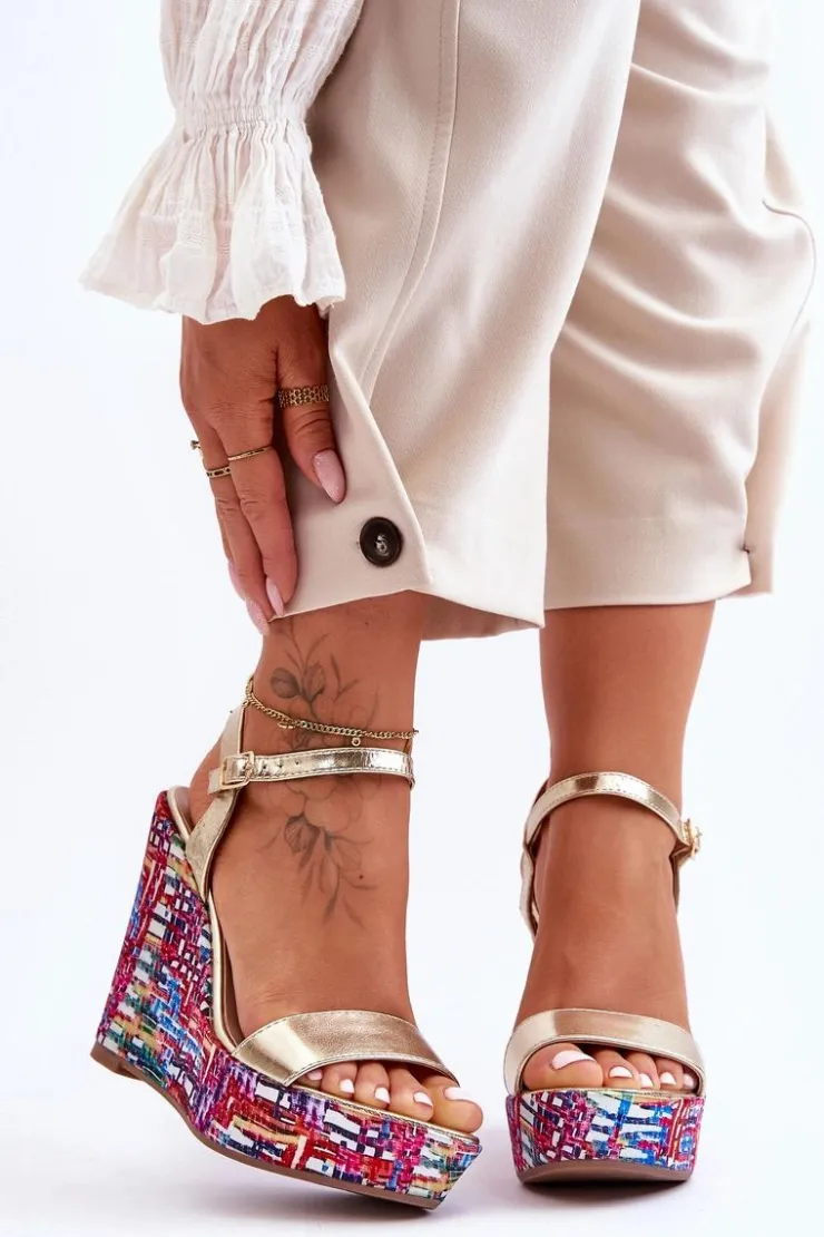 Hot Boto Damskie Sandałki Na Kolorowym Koturnie Złote Malibu