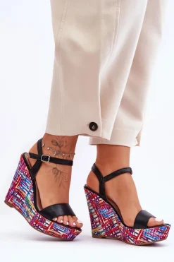 Damskie Boto Damskie Sandałki Na Kolorowym Koturnie Czarne Malibu