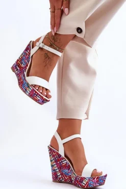 Damskie Boto Damskie Sandałki Na Kolorowym Koturnie Białe Malibu