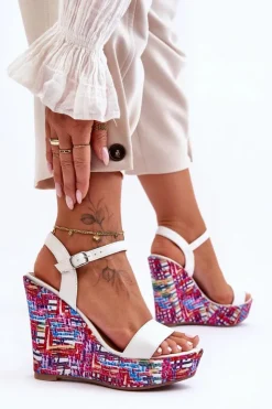 Damskie Boto Damskie Sandałki Na Kolorowym Koturnie Białe Malibu